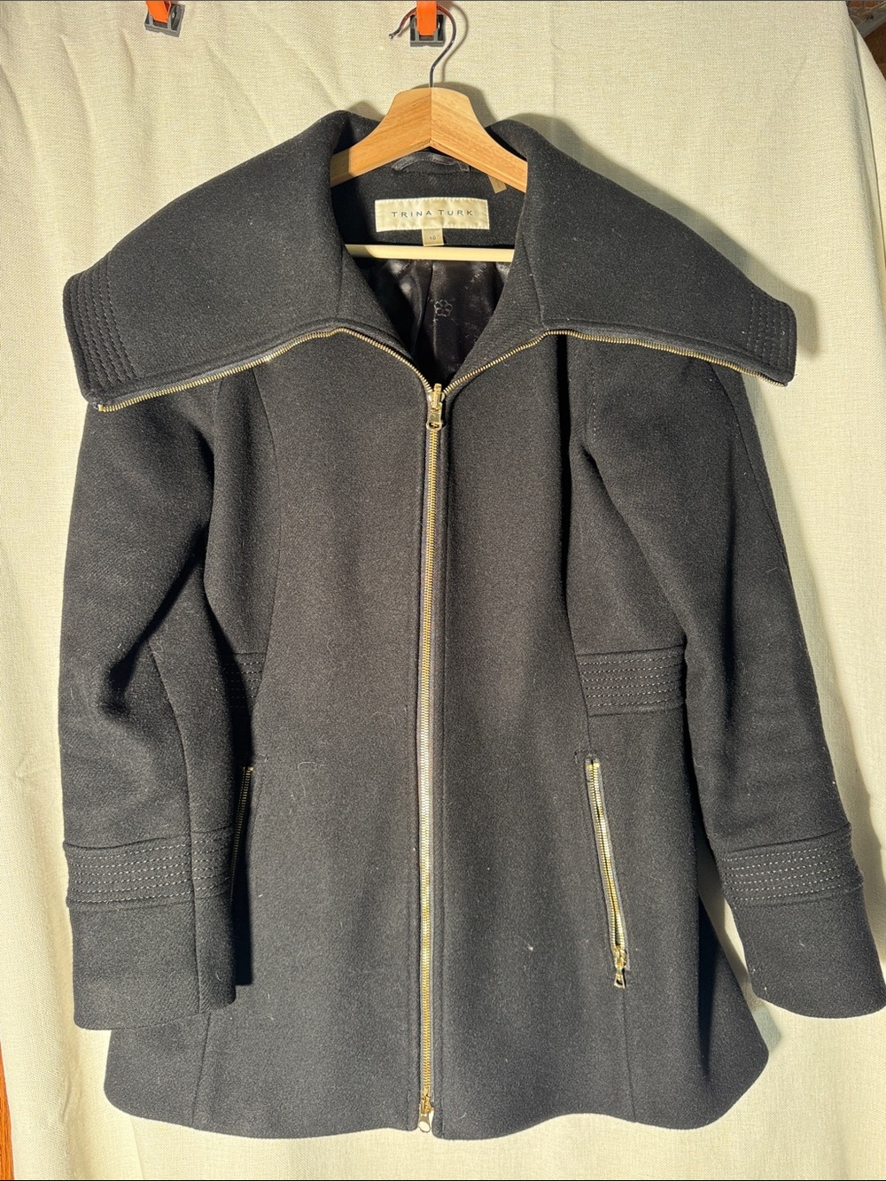 Trina Turk Black Wool Zip Jacket with Wide Collar